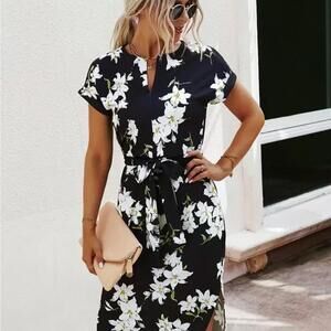 Black Floral Print Belted Midi Dress